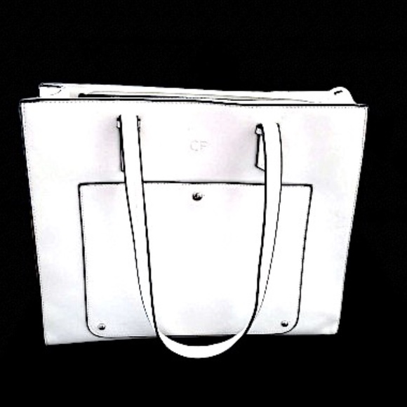 CLAIRE FRANCE White With Black Trim Elegant Large Pu Leather Tote 15"x12.5"x 5" - Picture 1 of 9